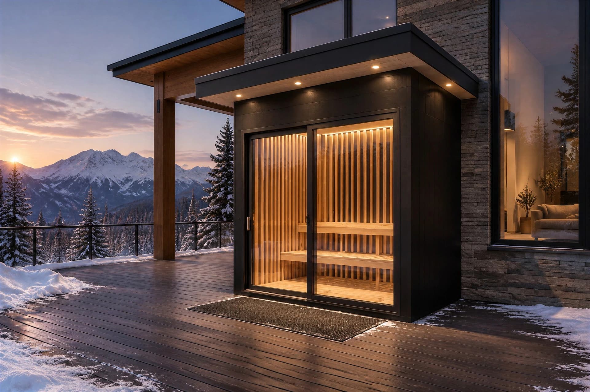 Custom outdoor infrared sauna concept in a snowy mountain climate