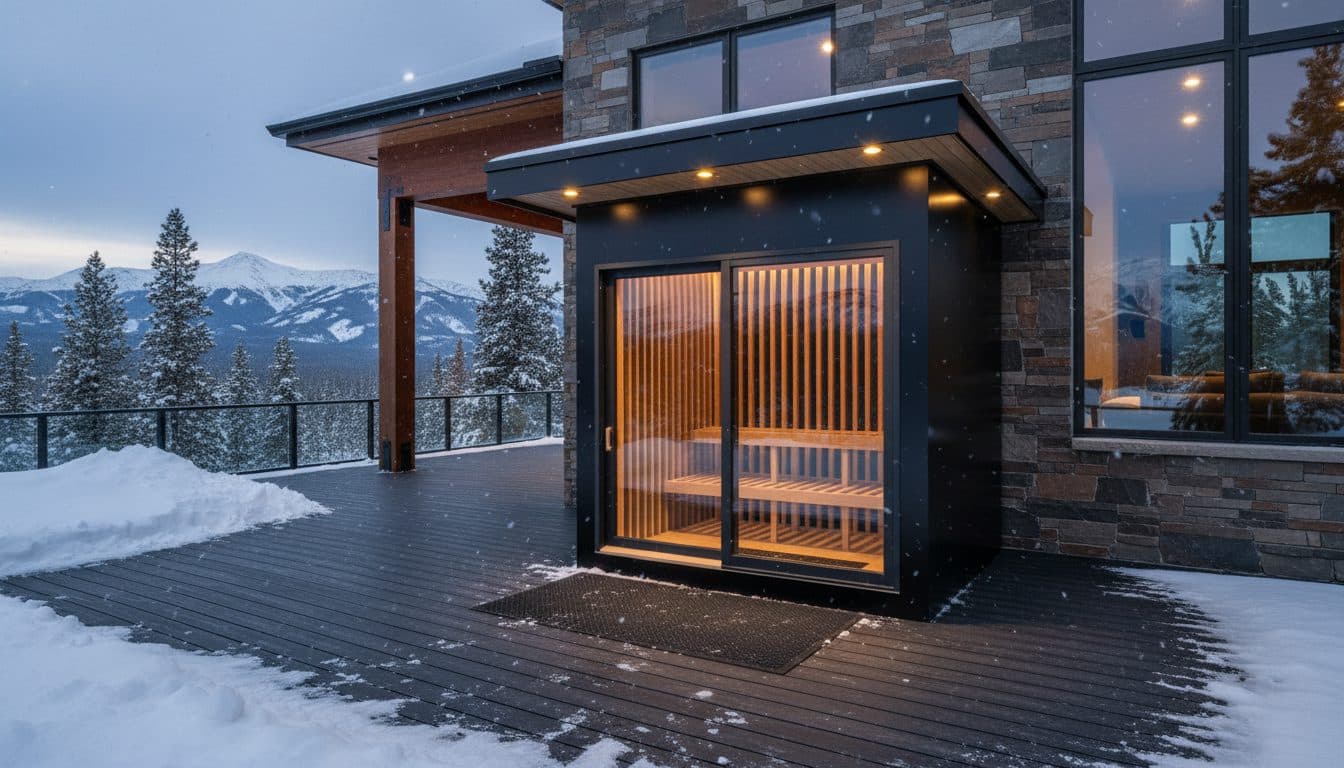 Custom outdoor infrared sauna concept in a snowy mountain climate