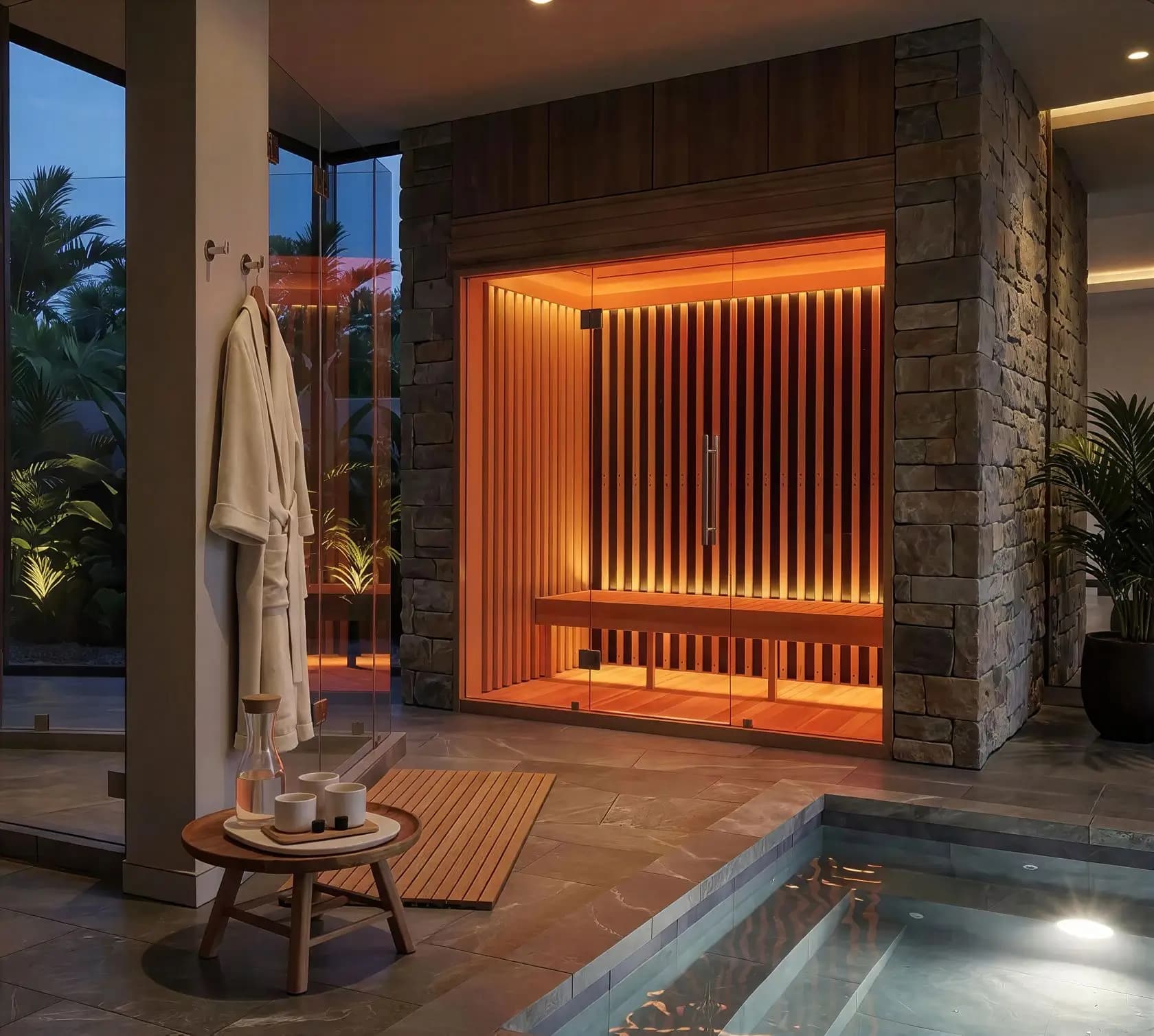 SaunaCloud custom sauna design with a glass front, warm cedar interior and stone surround