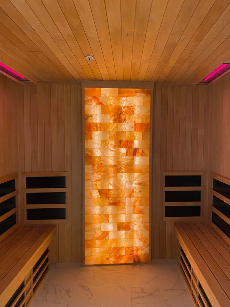 Custom infrared sauna with Himalayan salt feature wall
