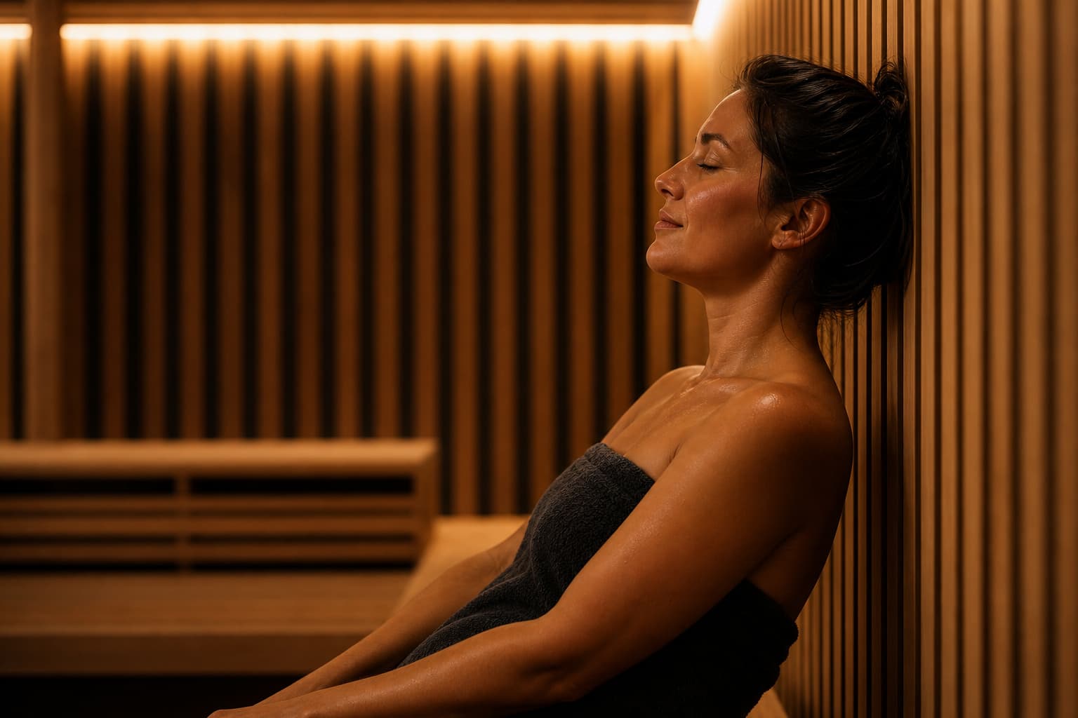 A person relaxing in a professional infrared sauna session for thermal health benefits.