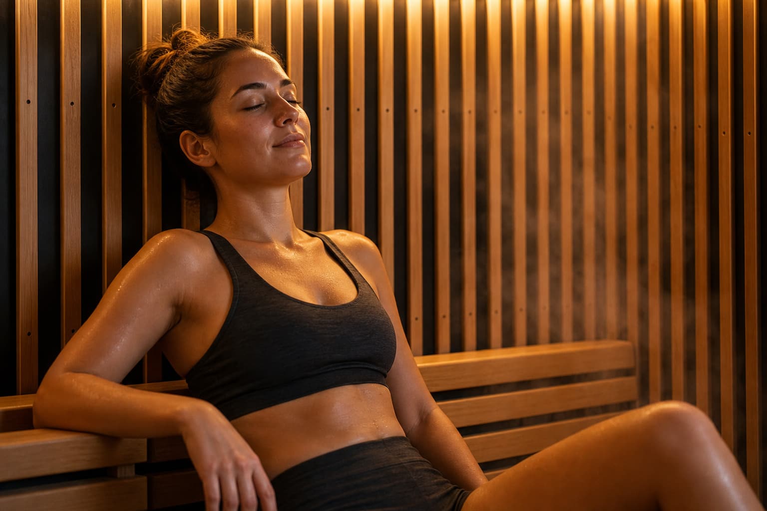 Person relaxing in an infrared sauna with warm amber light and gentle steam.