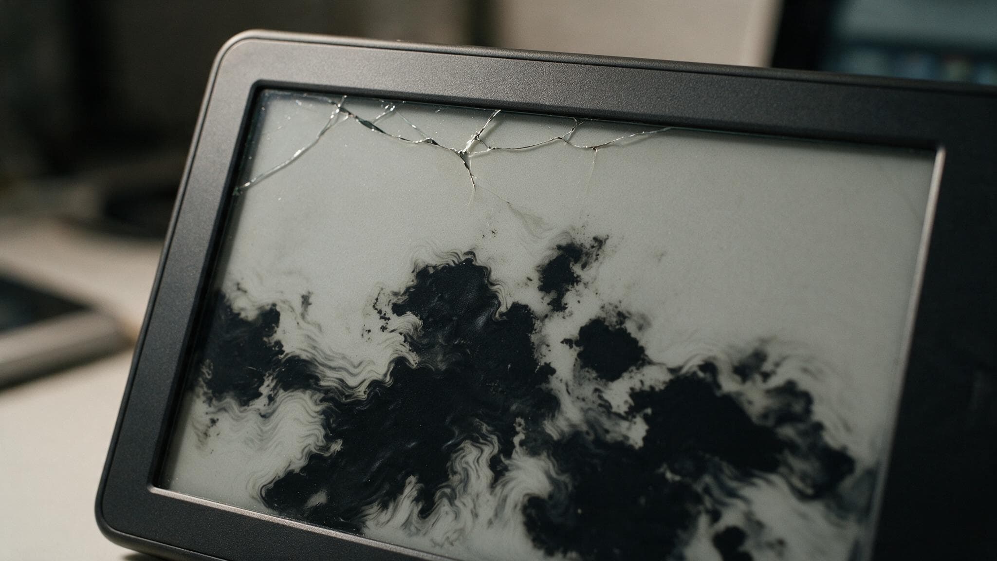 Damaged e-ink screen with blackened areas from sauna heat exposure.