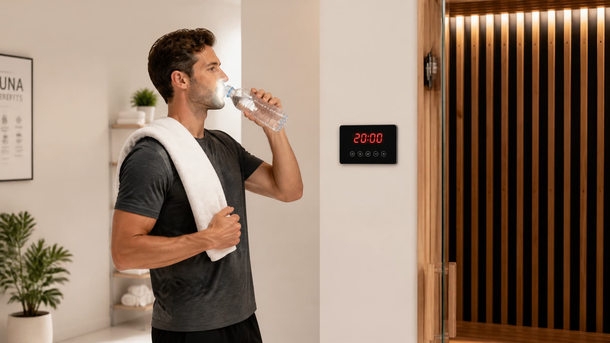Person hydrating with water before an infrared sauna session with a timer on the wall