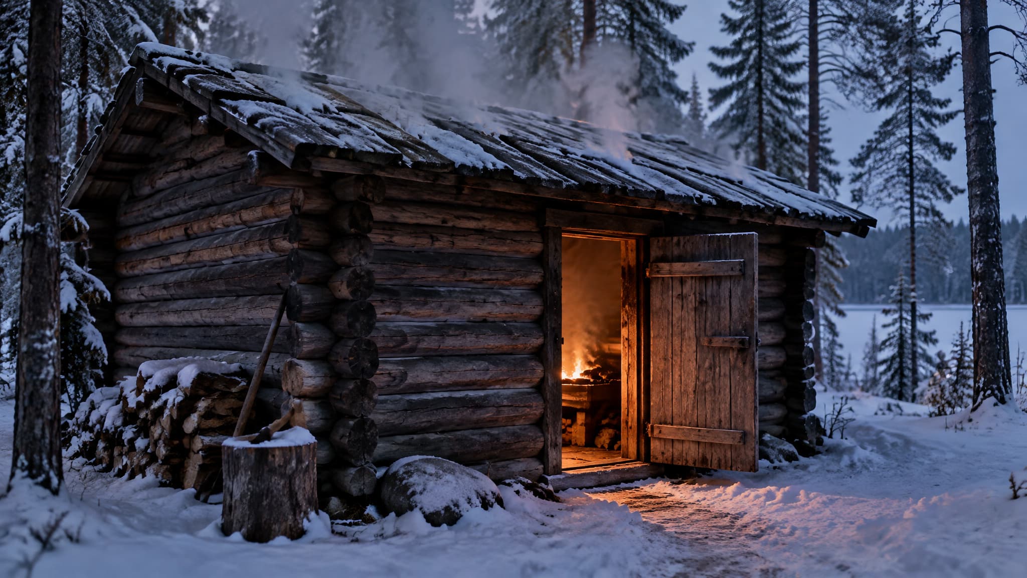 Chimneyless savusauna smoke sauna log cabin in snowy Finland showing pre-electric sauna architecture