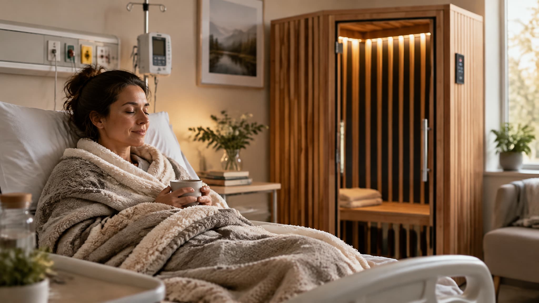 Waon therapy protocol with 30-minute warm blanket rest and weighed water replacement after sauna heating