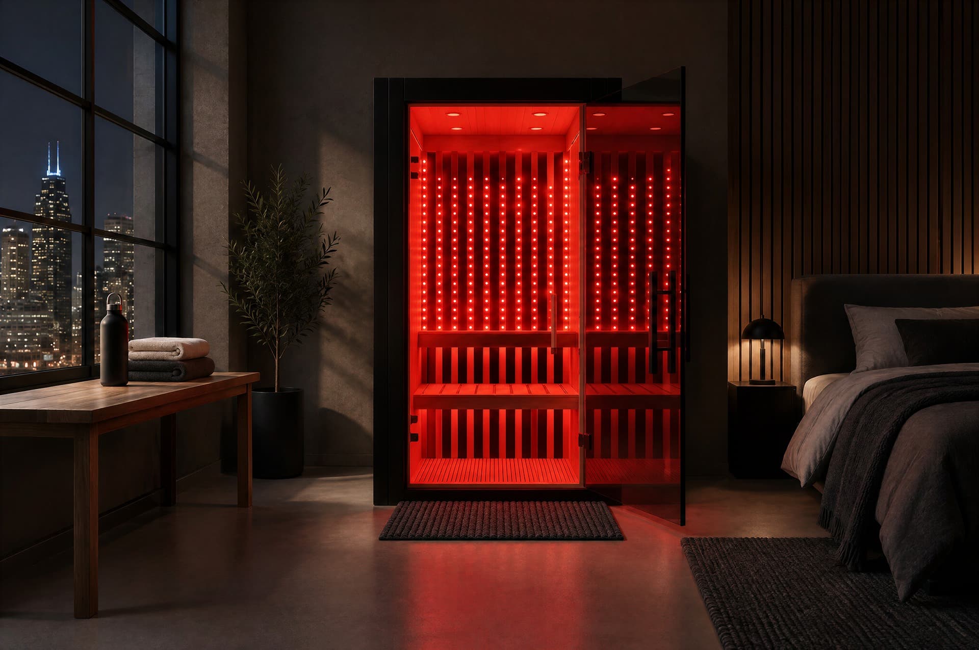 Illustrative Atlas One sauna glowing red in a room