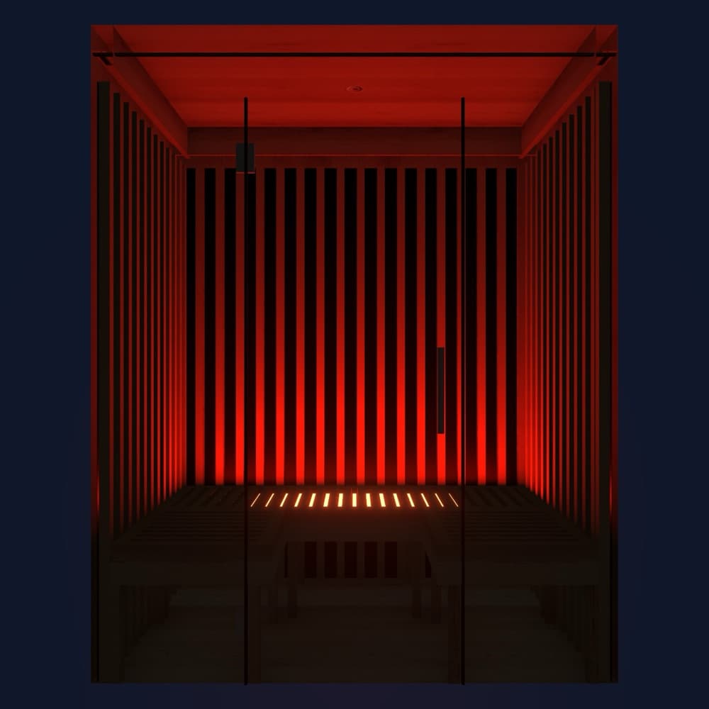 3D rendering of the same sauna from the front with only the red light on: LED bars glowing between the back bench slats and red light on the wall behind