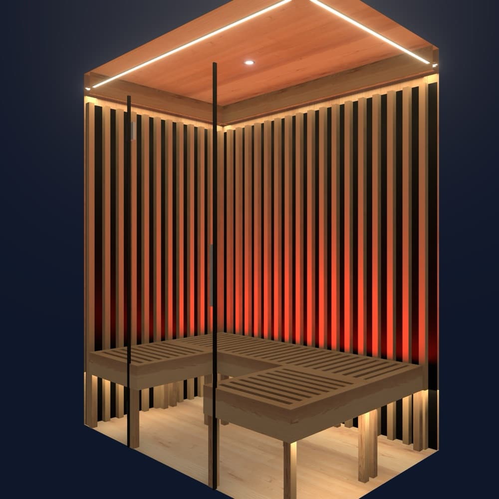 3D rendering of the U-shaped Atlas: vertical wood slats, a glass front, and benches on three walls