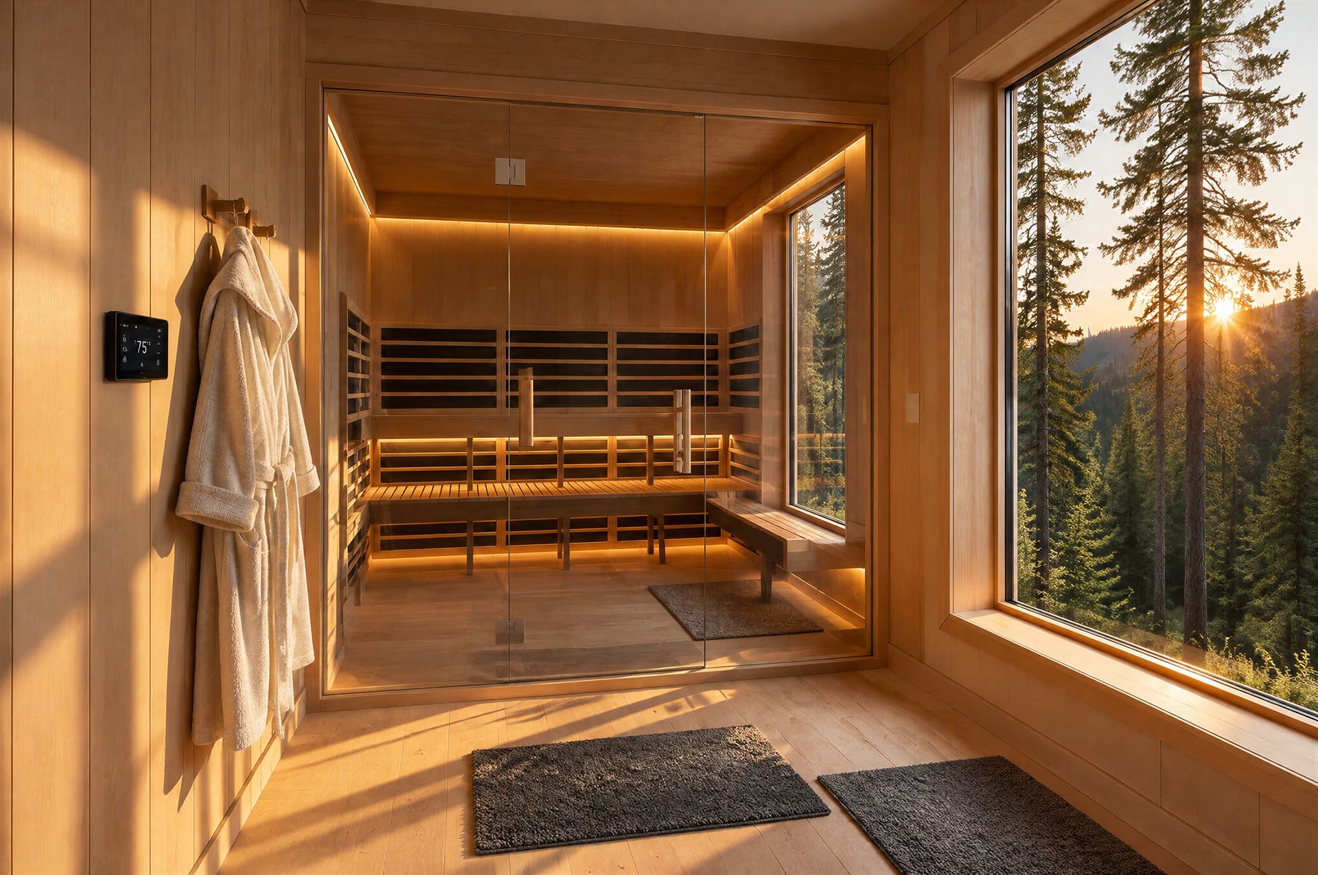 Custom SaunaCloud wood infrared sauna with a glass front