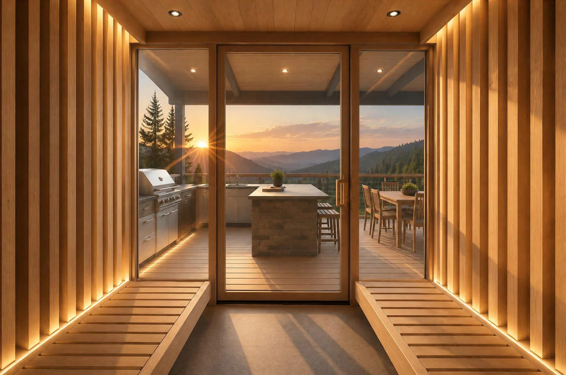 Cedar sauna interior with a sunset mountain view through wide windows