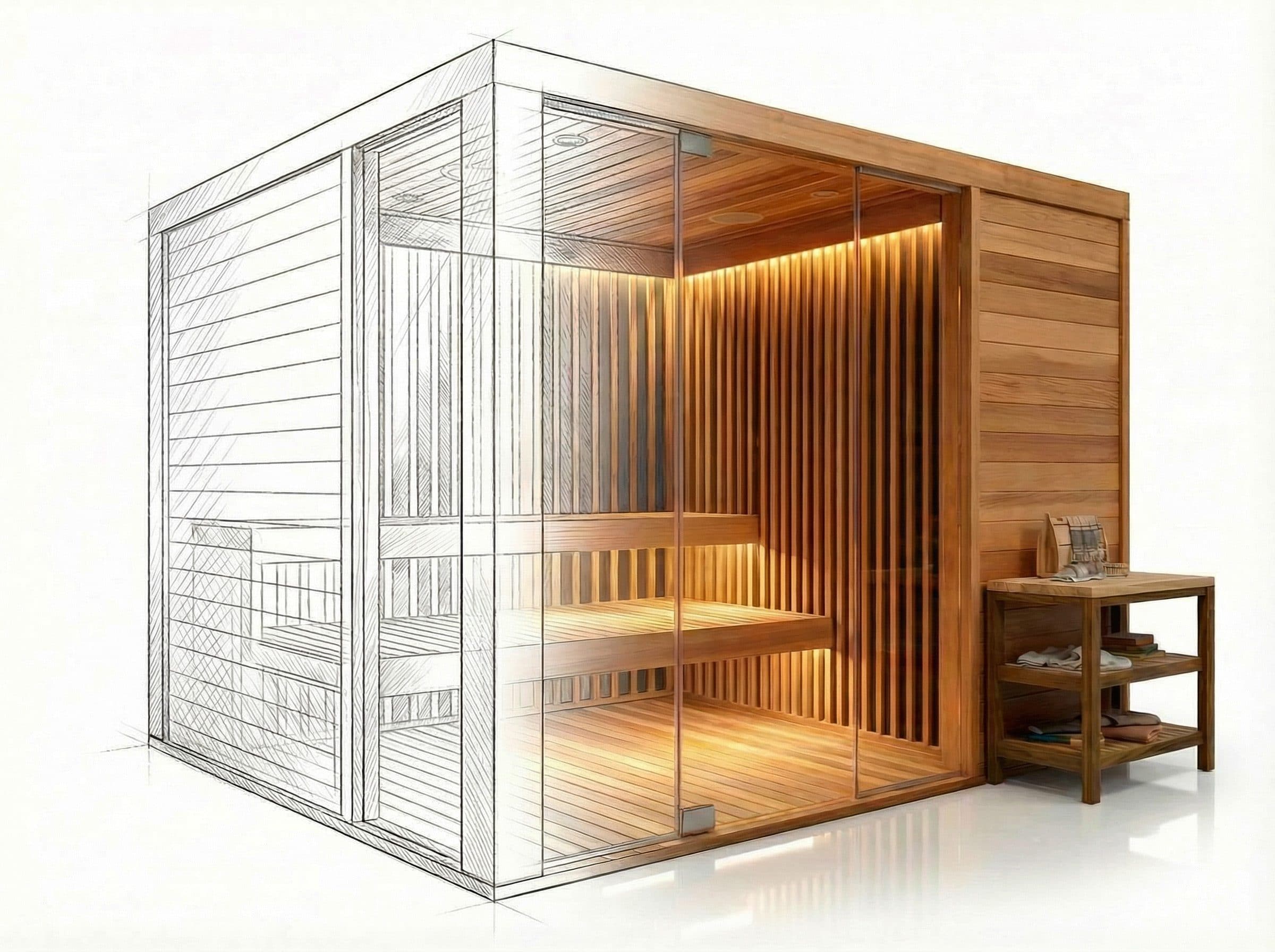Custom infrared sauna designed with space for in-sauna yoga and stretching