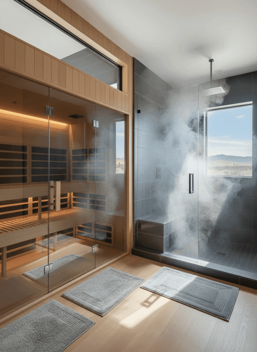 Custom infrared sauna with warm ambient lighting — designed for evening relaxation and better sleep