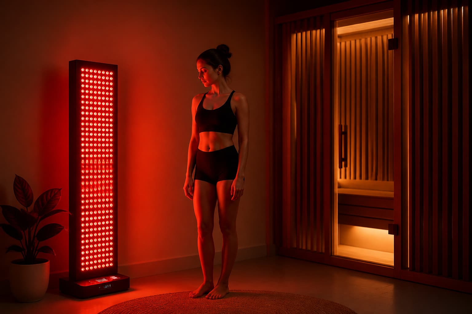 Person deciding between red light therapy panel and infrared sauna in a home wellness room