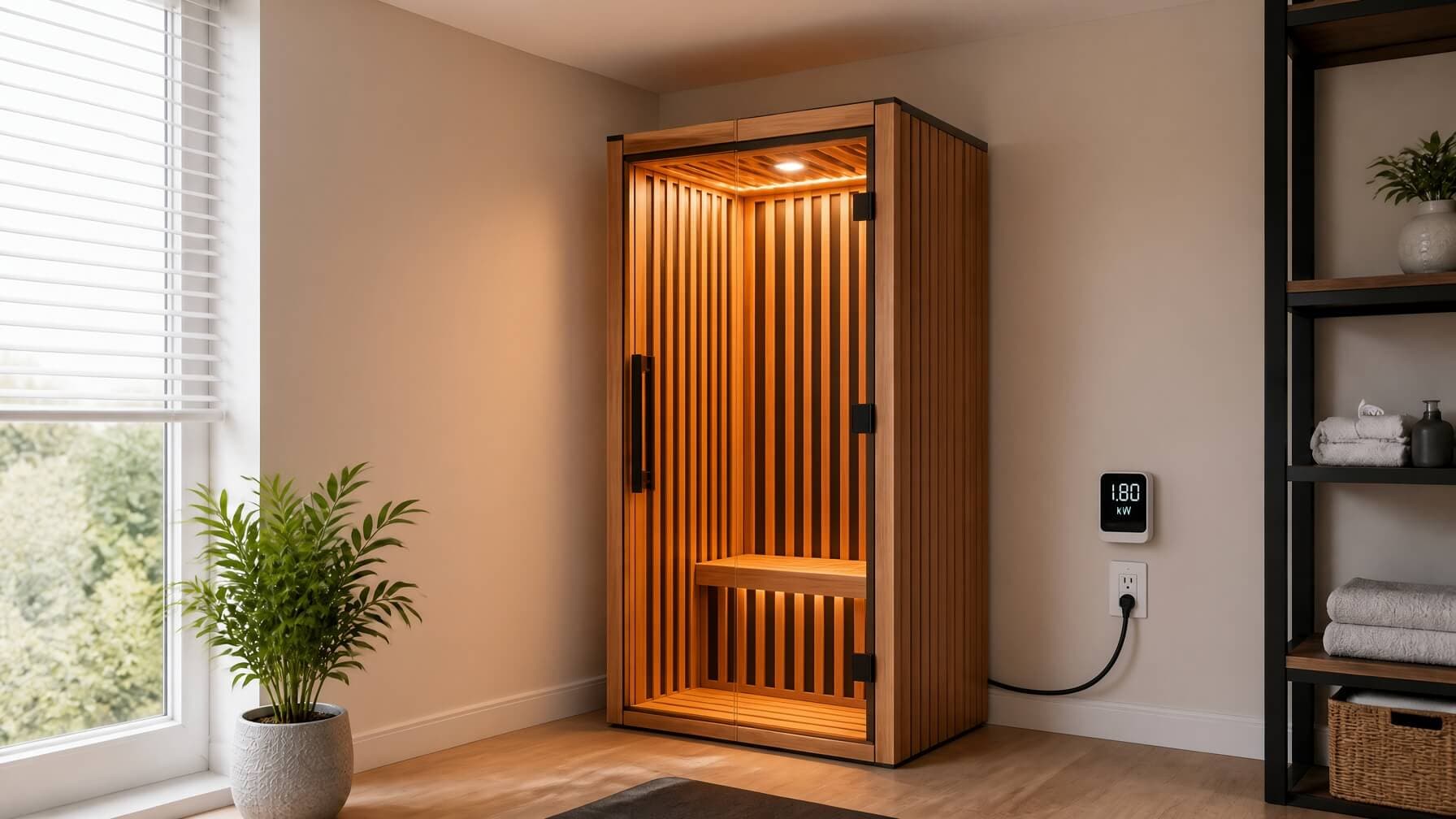 Compact infrared sauna plugged into standard outlet illustrating installation and space needs.