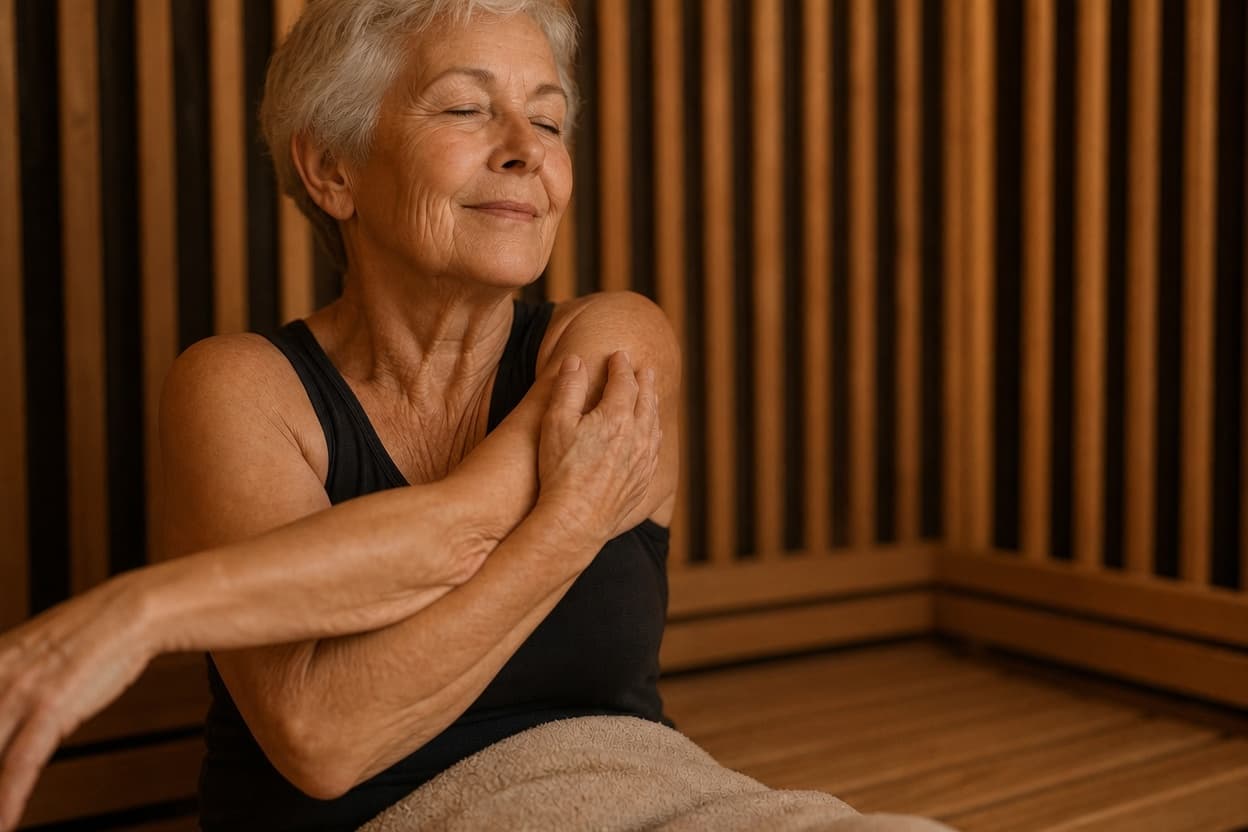 Seated stretching exercises designed to improve joint flexibility in a heated environment.