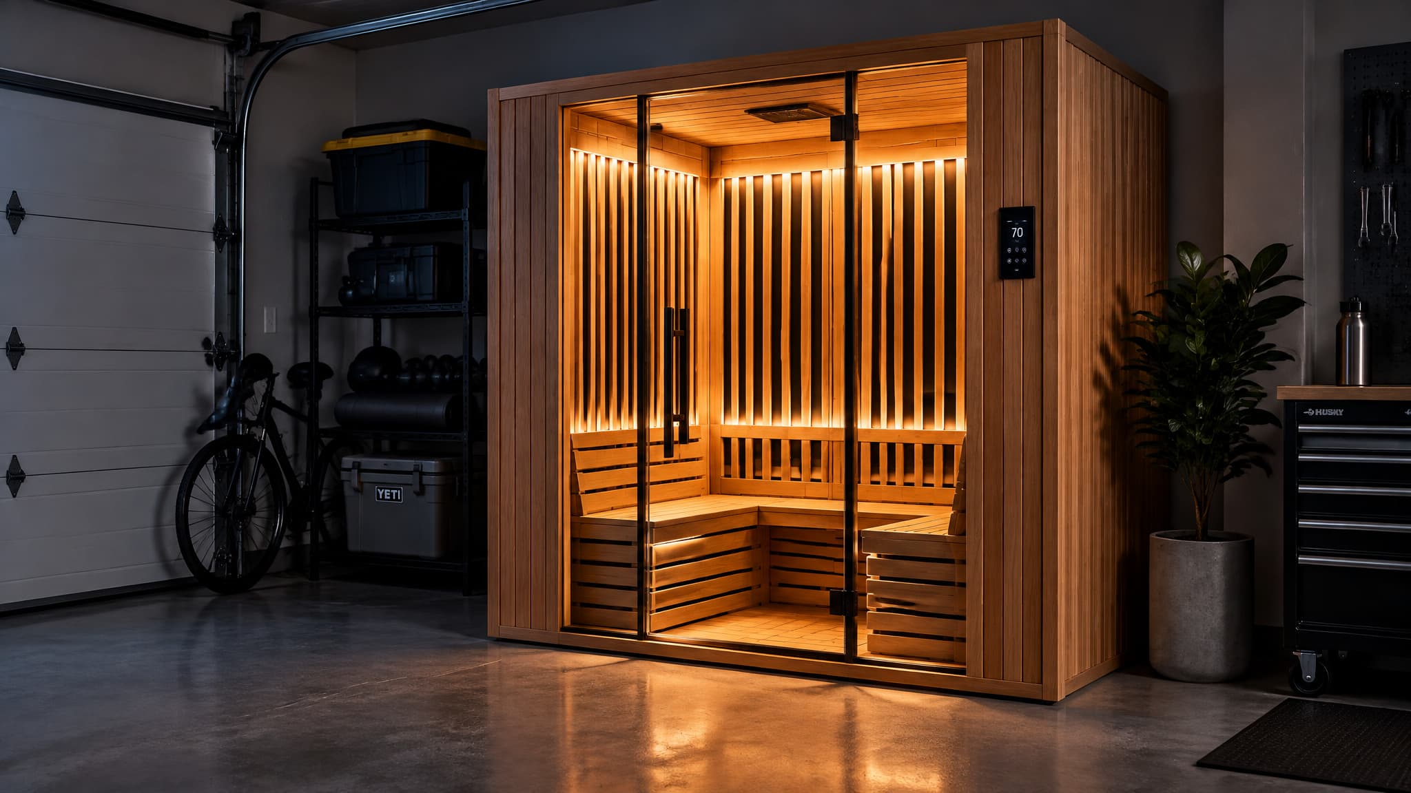 Two-person infrared sauna installed in a residential garage with warm glowing light
