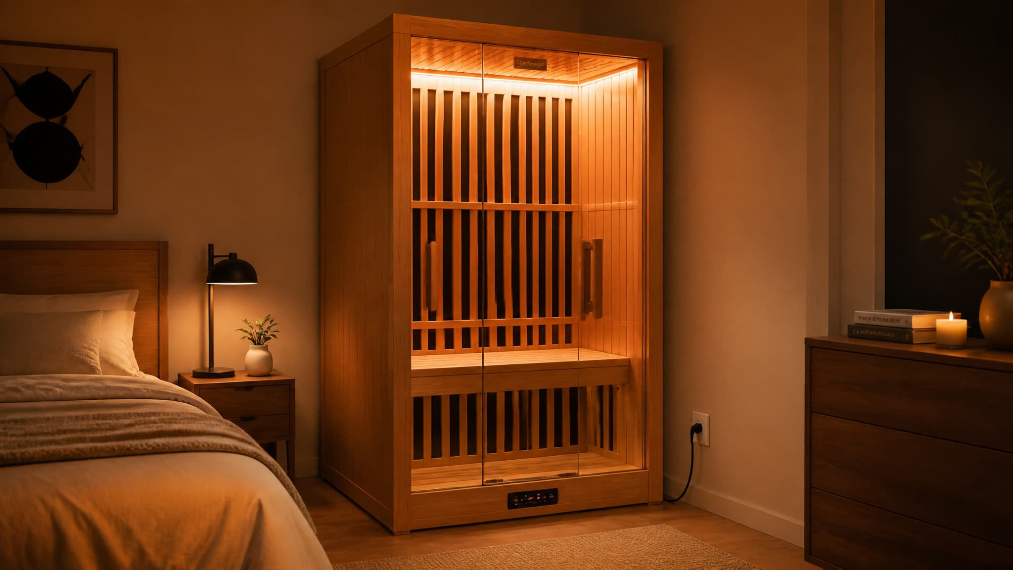 Compact infrared sauna plugged into standard outlet in a cozy home bedroom