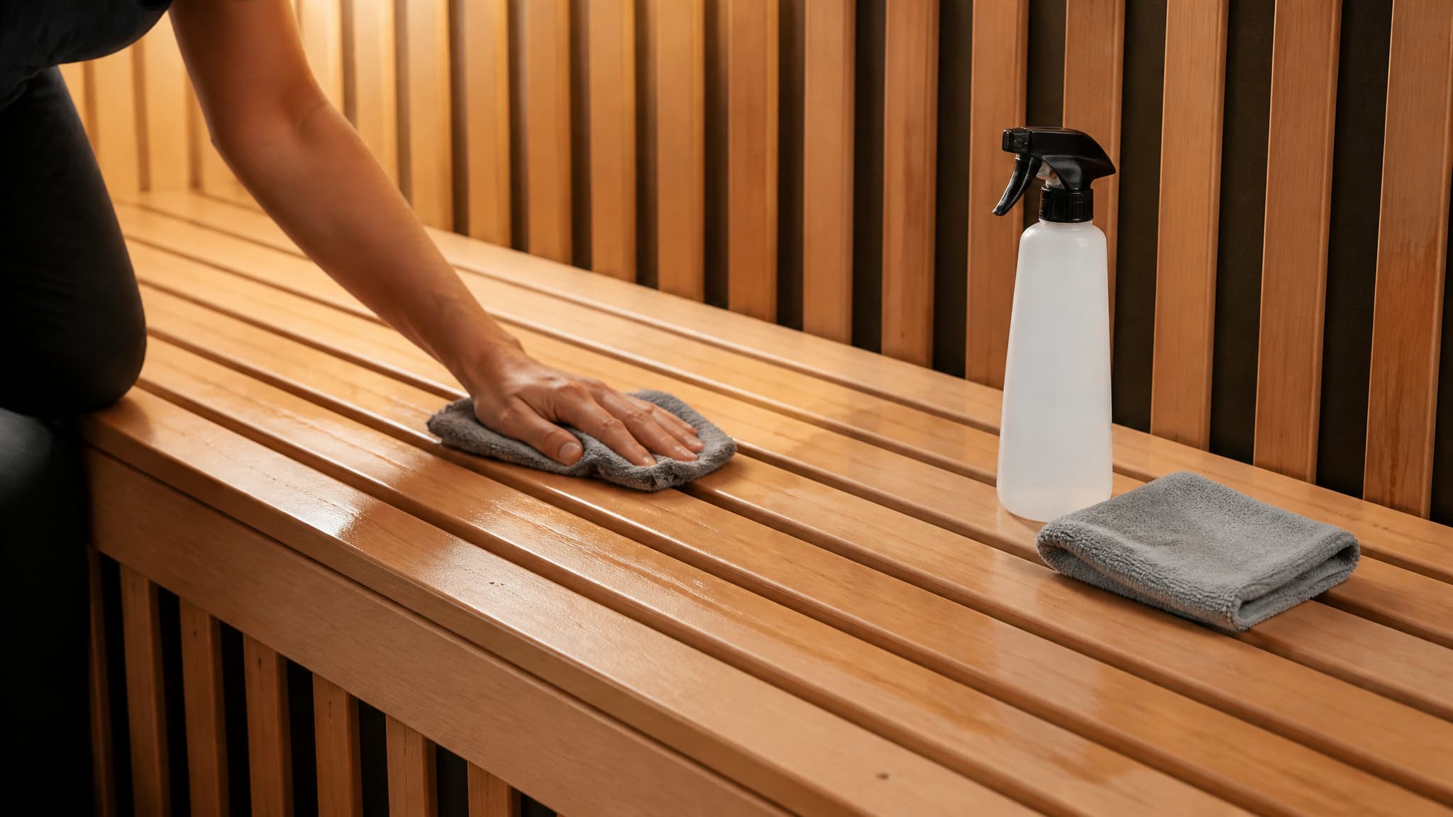 Deep cleaning a sauna bench with a damp cloth