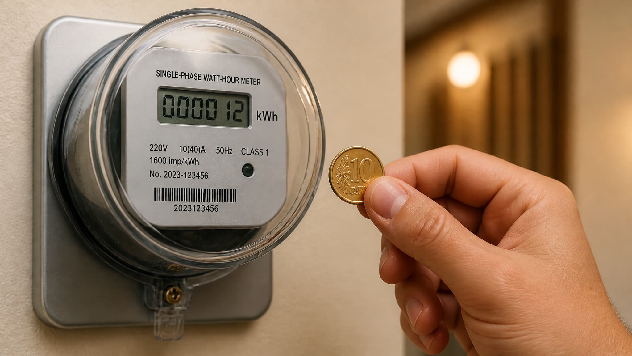 Hand holding a coin near an electric meter, representing the minimal electricity cost of running an infrared sauna.