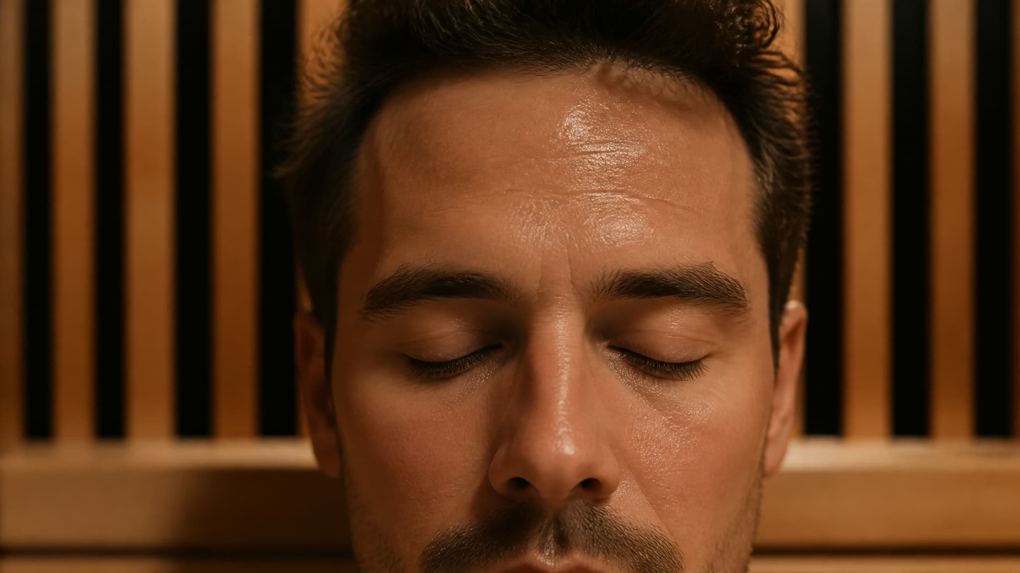 Close-up of light sweat on forehead and upper lip during an infrared sauna session.