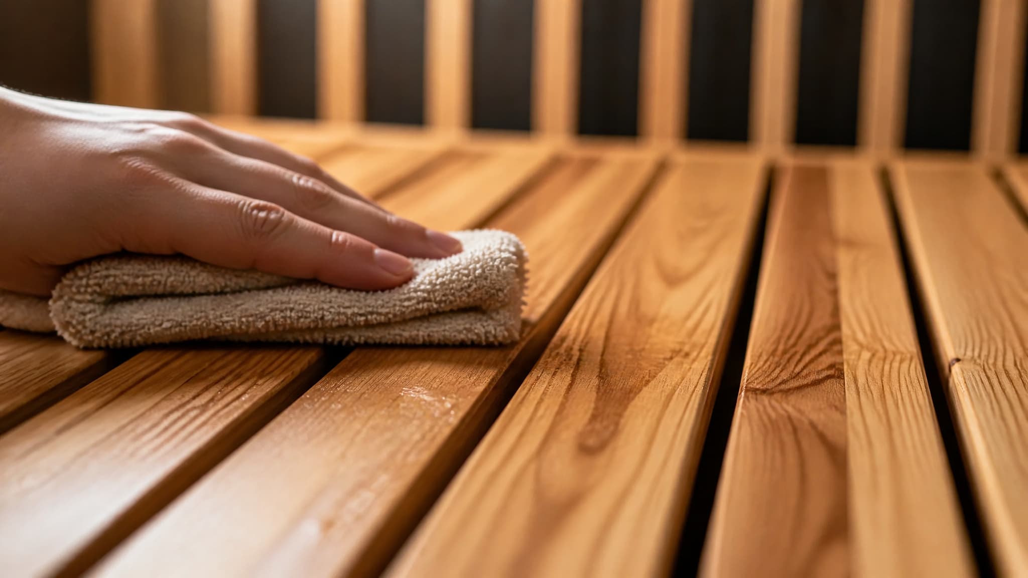 Cleaning a cedar infrared sauna bench with a damp cloth to protect the wood.