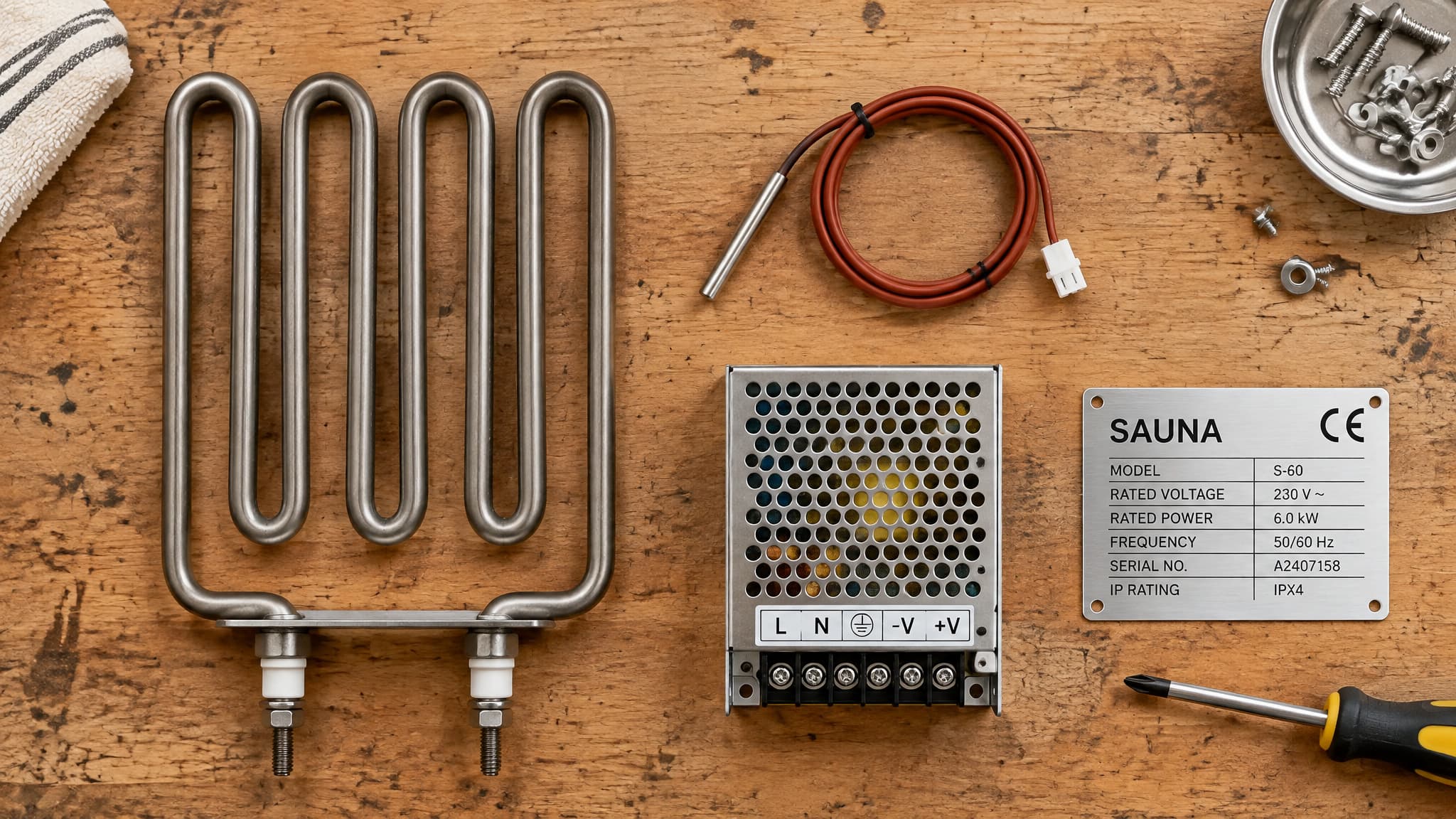 OEM sauna replacement parts with stamped part numbers and heater data plate