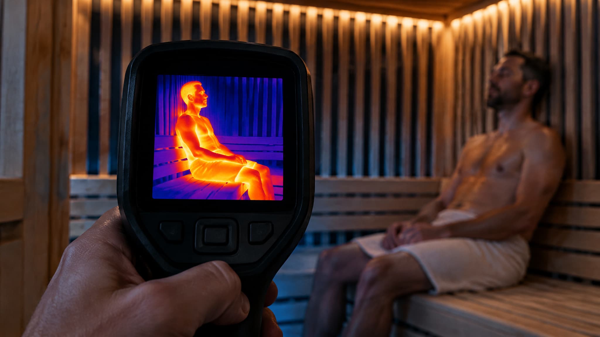 Thermal camera view showing far-infrared heat saturating the body inside a sauna