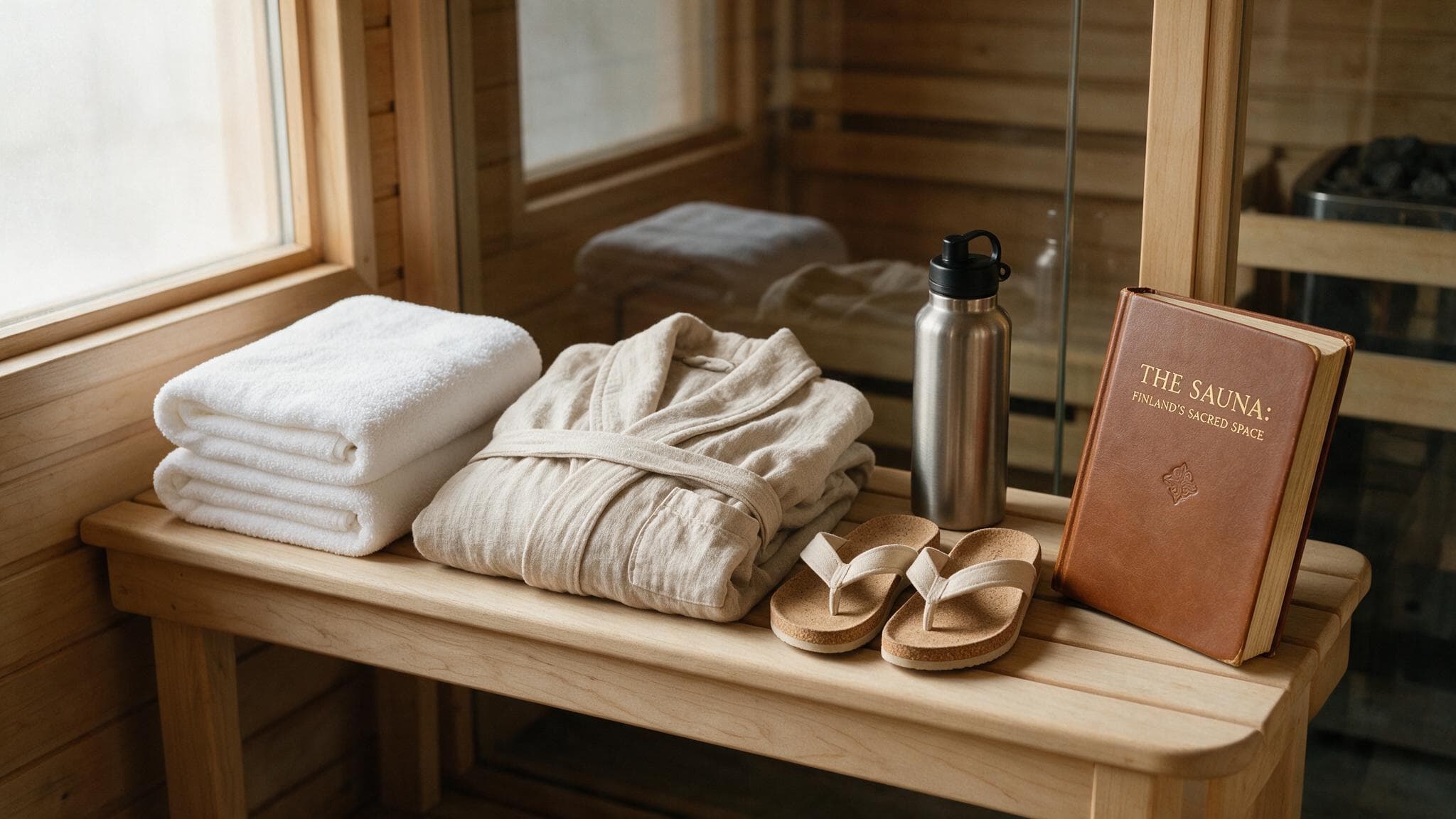 Sauna packing essentials: towels, robe, slippers, water bottle, and book on a wooden bench.
