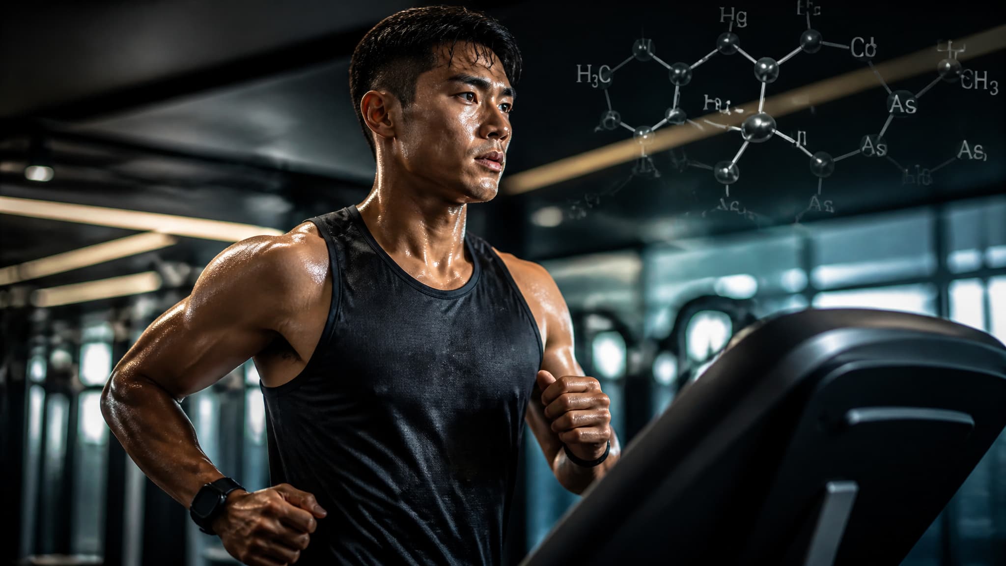 Person running on treadmill with sweat, representing exercise sweat and heavy metal excretion comparison.