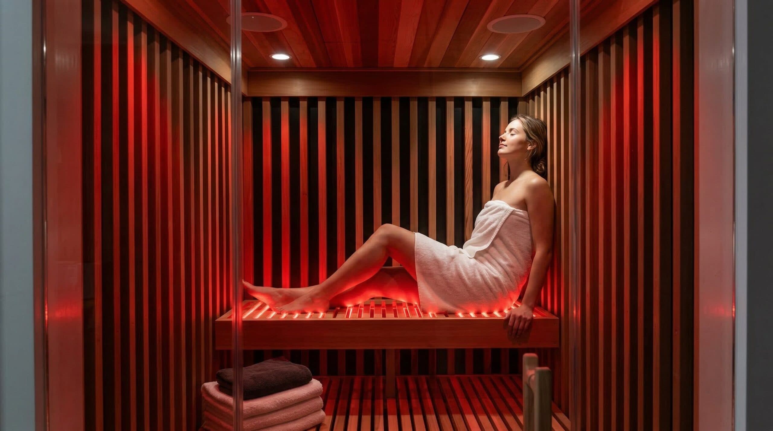 woman relaxing in SaunaCloud red light therapy sauna