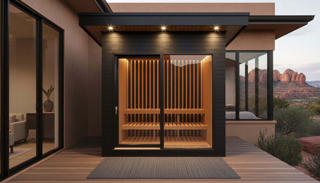 Outdoor infrared sauna being used during summer with warm weather and natural surroundings