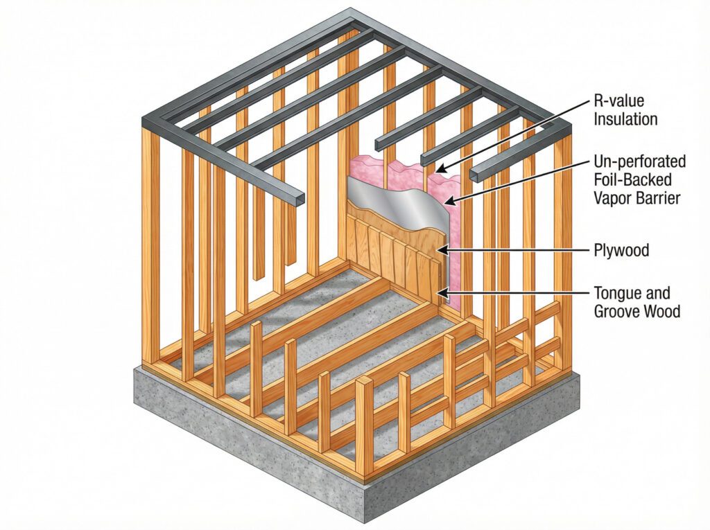 Exploded cross-section illustrating the complete wall layering for a commercial infrared saunas installation: R-value insulation, foil vapor barrier, plywood, and clear-grade tongue-and-groove cedar.