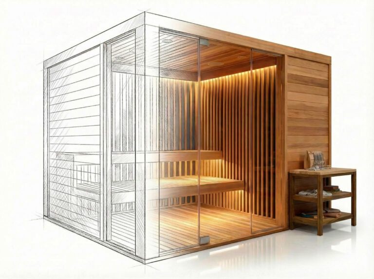 Architectural conceptual rendering illustrating the precision required for custom infrared sauna installation, blending the construction sketch with the final cedar-slat aesthetic.