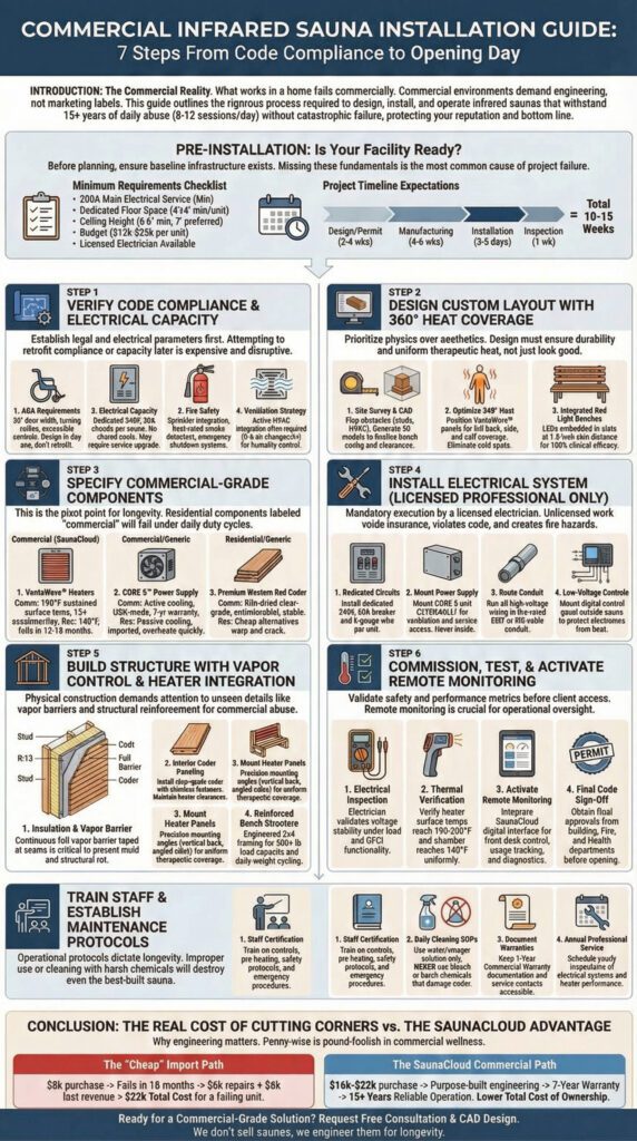 Infographic detailing the Optimal Protocols for Using an Infrared Sauna to Maximize Heat Shock Protein (HSP) Benefits. The graphic outlines the "Sweet Spot" as 20–30 minute sessions at $\ge 130^\circ\text{F}$ temperature, 3 to 5 times per week, emphasizing that consistency and recovery are vital for building long-term cellular resilience. Synergistic habits like quality sleep and diet are also recommended.