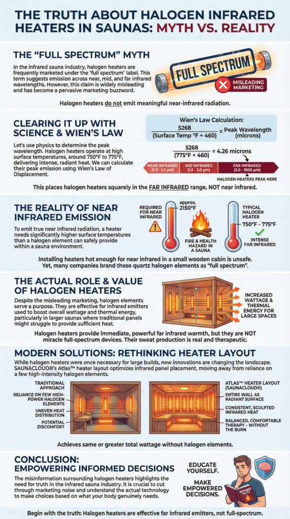 Infographic detailing the misleading marketing of halogen "full spectrum" infrared saunas. Explains that high-temperature halogen heaters ($\approx 750^\circ\text{F} - 775^\circ\text{F}$) peak at $4.26$ microns (mid-IR) according to Wien's Law, not the necessary far-infrared wavelengths. Contrasts directional halogen heat with the SAUNACLOUD® Atlas™ full-wall radiant surface for consistent, sculpted far-infrared heat.