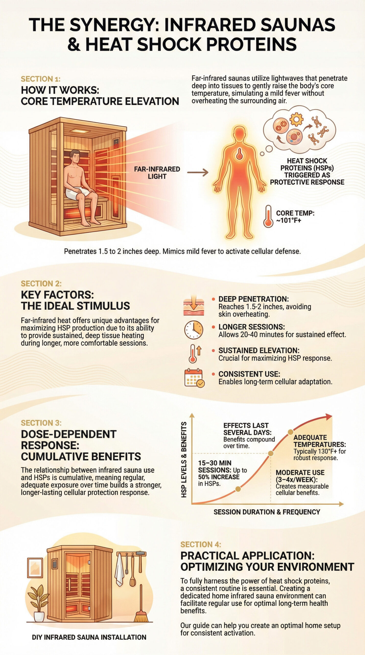 Infographic diagram showing The Synergy: Infrared Saunas & Heat Shock Proteins. The graphic illustrates how far-infrared light penetrates tissue to raise core temperature to over 101°F, which triggers Heat Shock Proteins (HSPs) for a protective cellular response. Key factors for the ideal stimulus, such as deep penetration and long sessions, are detailed.
