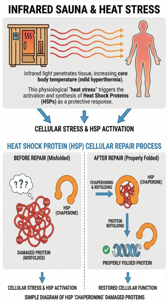 Infographic diagram explaining the relationship between infrared sauna and heat shock proteins (HSPs), showing that infrared light causes mild hyperthermia and cellular stress, which triggers the HSP chaperoning process to repair and properly fold damaged proteins for restored cellular function.