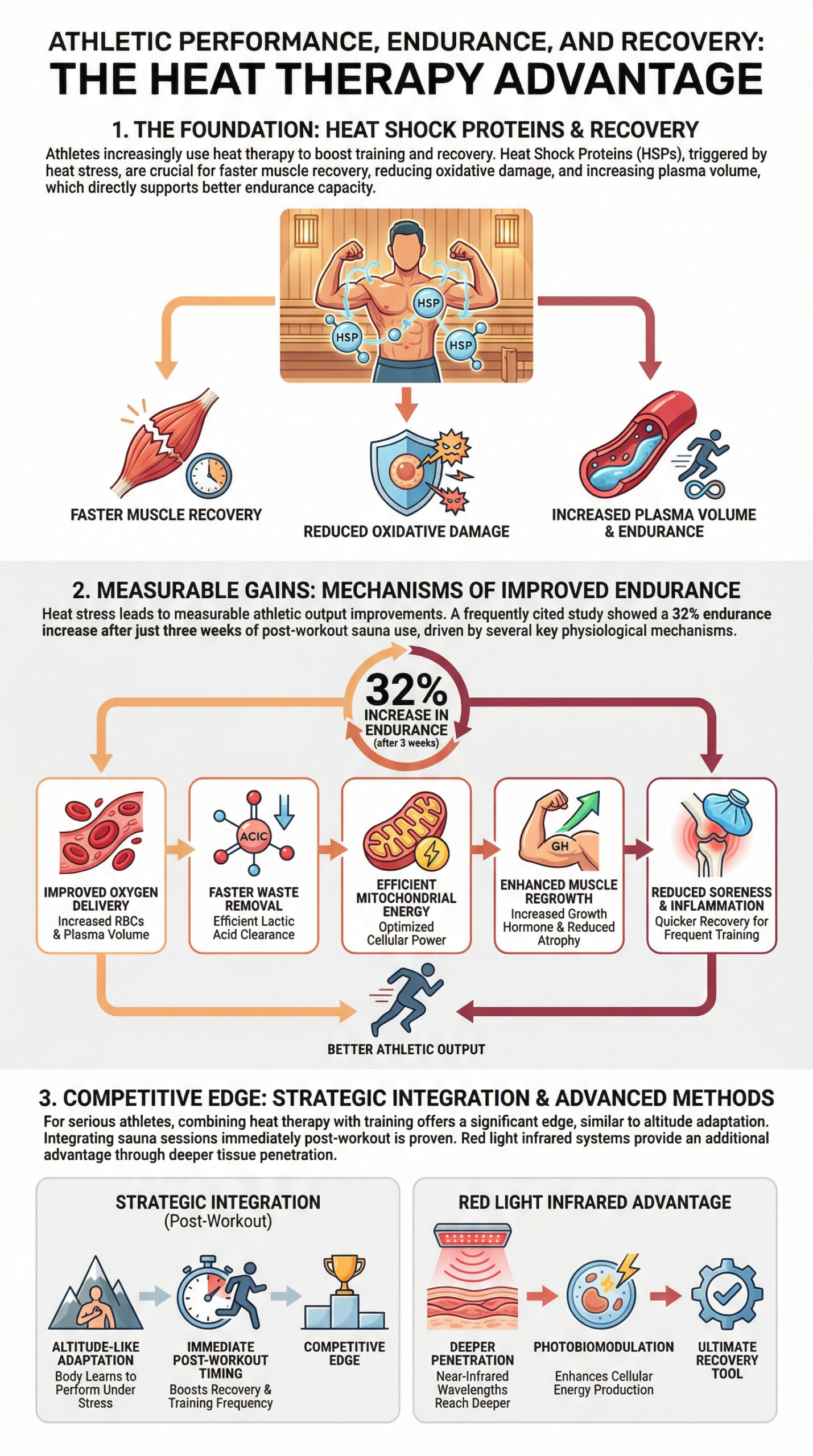 Infographic comparing the features of Infrared Saunas vs. Traditional Saunas for Heat Shock Protein (HSP) Activation. The table highlights that infrared saunas use radiant heat for direct body heating, operate at lower ambient temperatures (110°F–140°F), allow for longer session durations (30–40 minutes), and achieve deeper tissue penetration (1.5–2 inches) compared to traditional saunas, making them superior for maximizing the sustained cumulative HSP response.