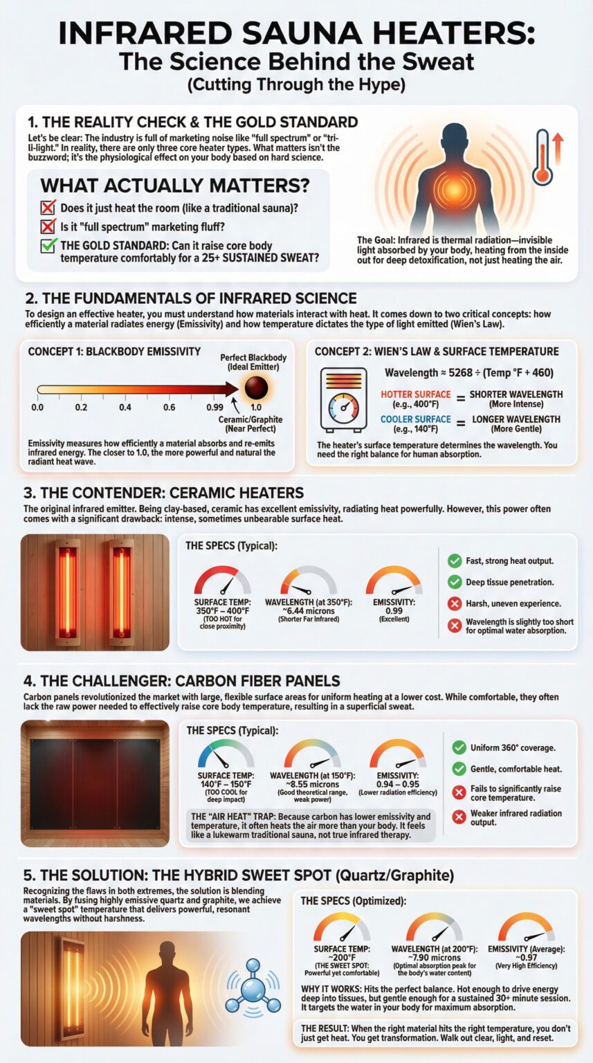 Infographic diagram showing The Synergy: Infrared Saunas & Heat Shock Proteins. The graphic illustrates how far-infrared light penetrates tissue to raise core temperature to over $101^\circ\text{F}$, which triggers Heat Shock Proteins (HSPs) for a protective cellular response. The chart shows the dose-dependent cumulative benefits over time from adequate temperature and moderate use (3–5x/week). It also highlights Section 4, which is about optimizing the environment for a DIY infrared sauna installation.