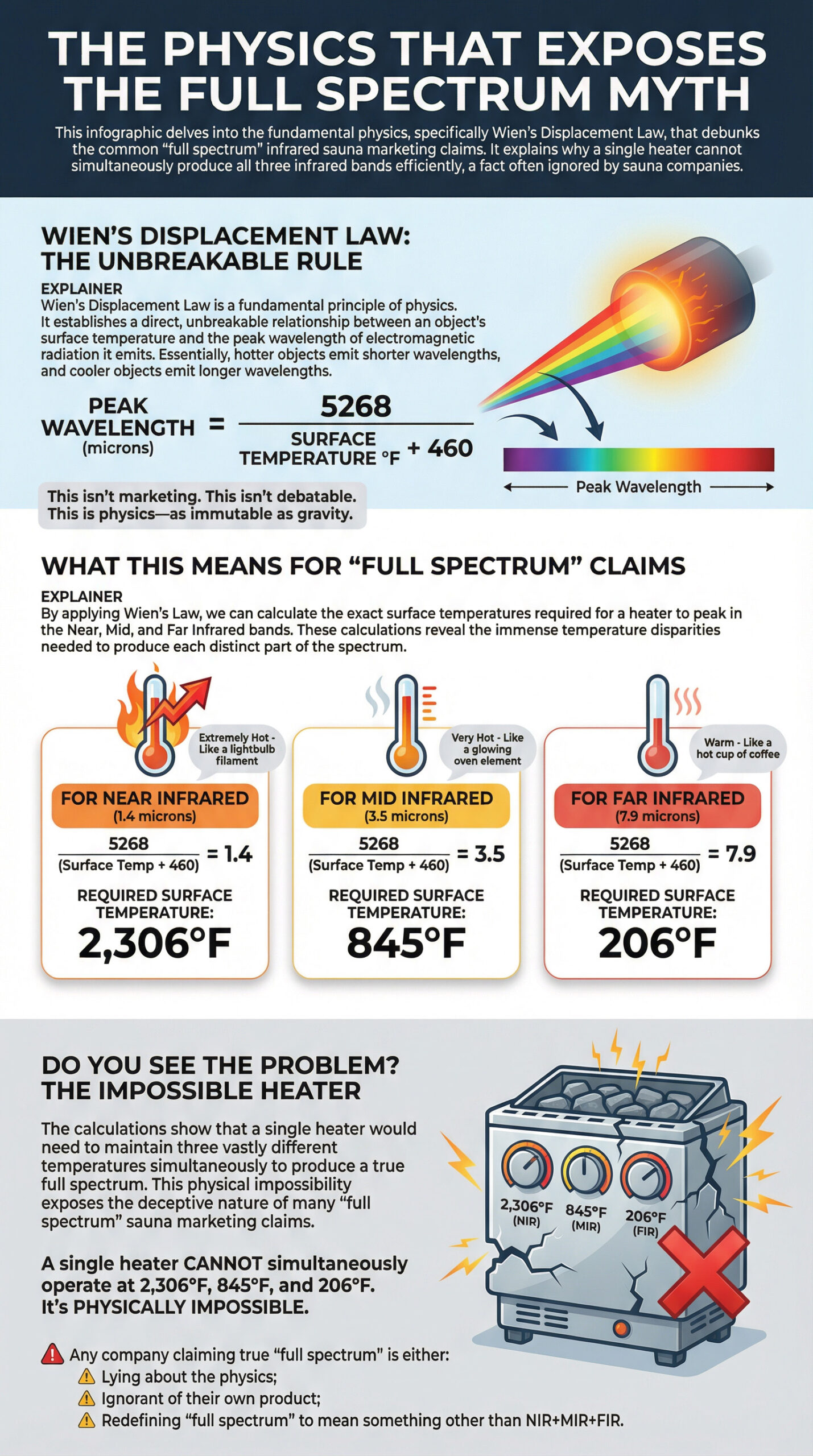Infographic explaining Wien's Displacement Law and why full spectrum infrared saunas are physically impossible, showing temperature calculations for near, mid, and far infrared wavelengths