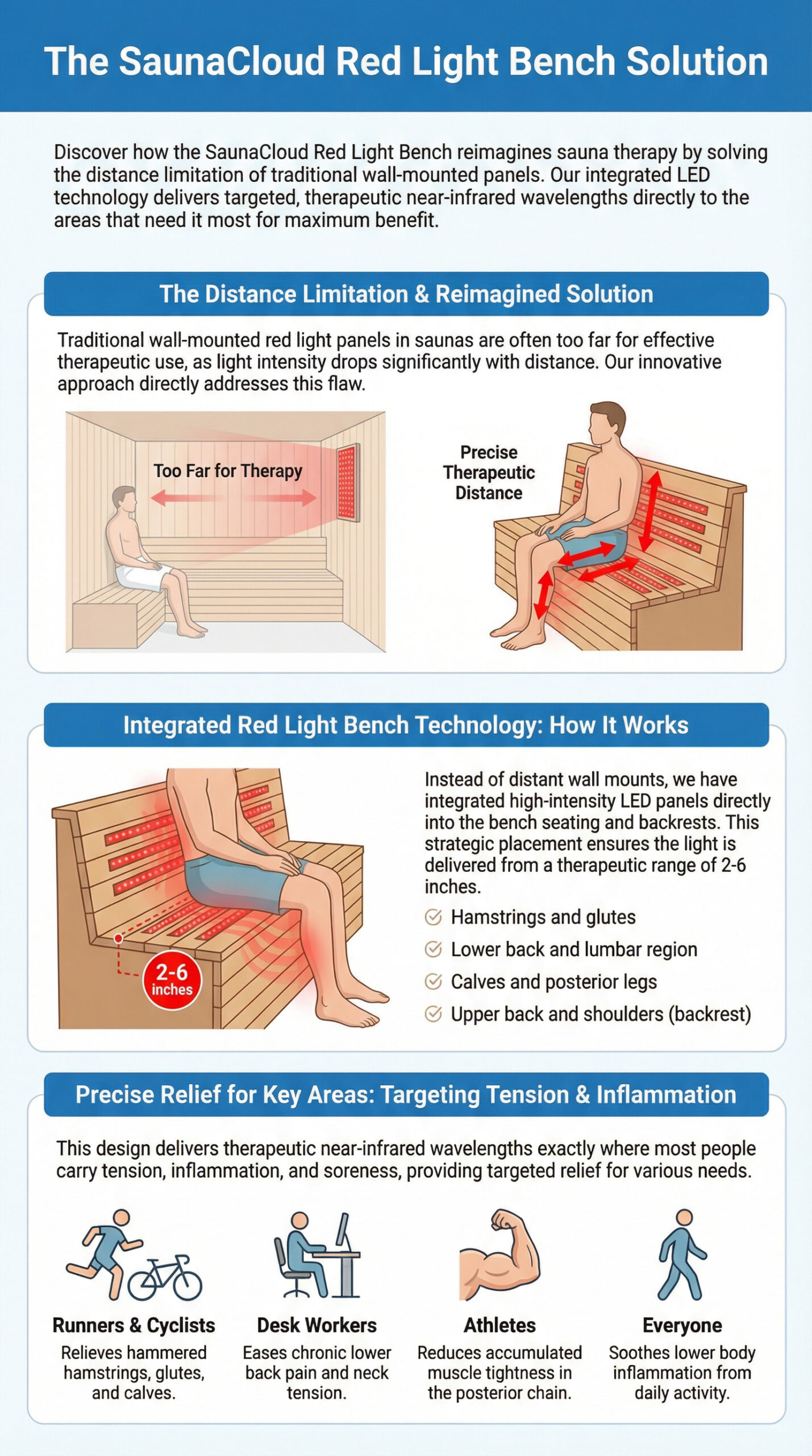  Infographic detailing the SaunaCloud Red Light Bench Solution, which integrates LED panels into the bench seating and backrest for precise therapeutic near-infrared light delivery to key areas like hamstrings, glutes, lower back, calves, and shoulders for tension and inflammation relief.