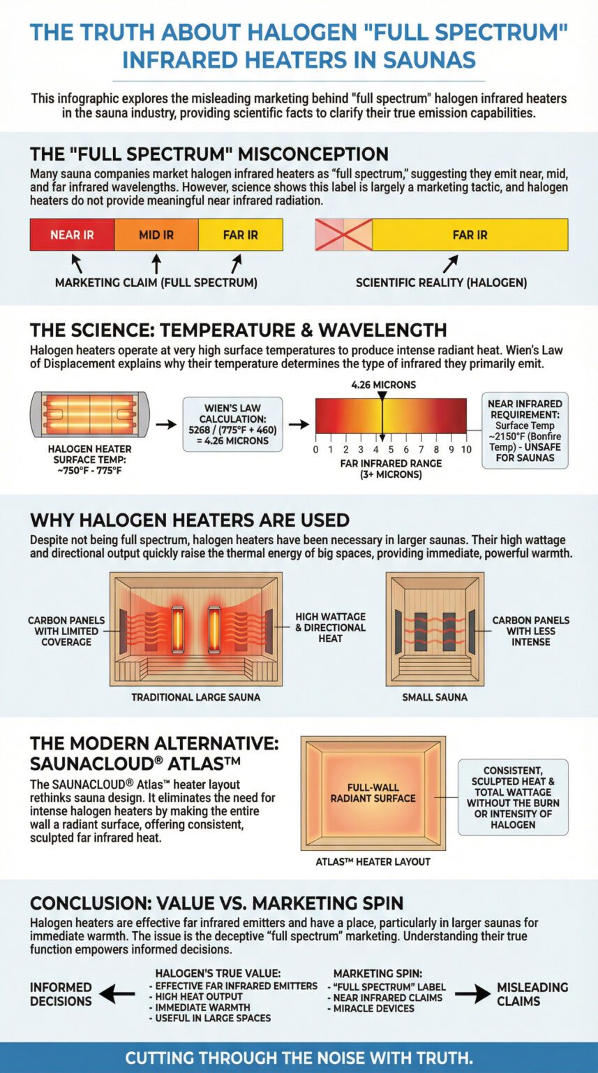 Infographic detailing the misleading marketing of halogen "full spectrum" infrared saunas. Explains that high-temperature halogen heaters ($\approx 750^\circ\text{F} - 775^\circ\text{F}$) peak at $4.26$ microns (mid-IR) according to Wien's Law, not the necessary far-infrared wavelengths. Contrasts directional halogen heat with the SAUNACLOUD® Atlas™ full-wall radiant surface for consistent, sculpted far-infrared heat.