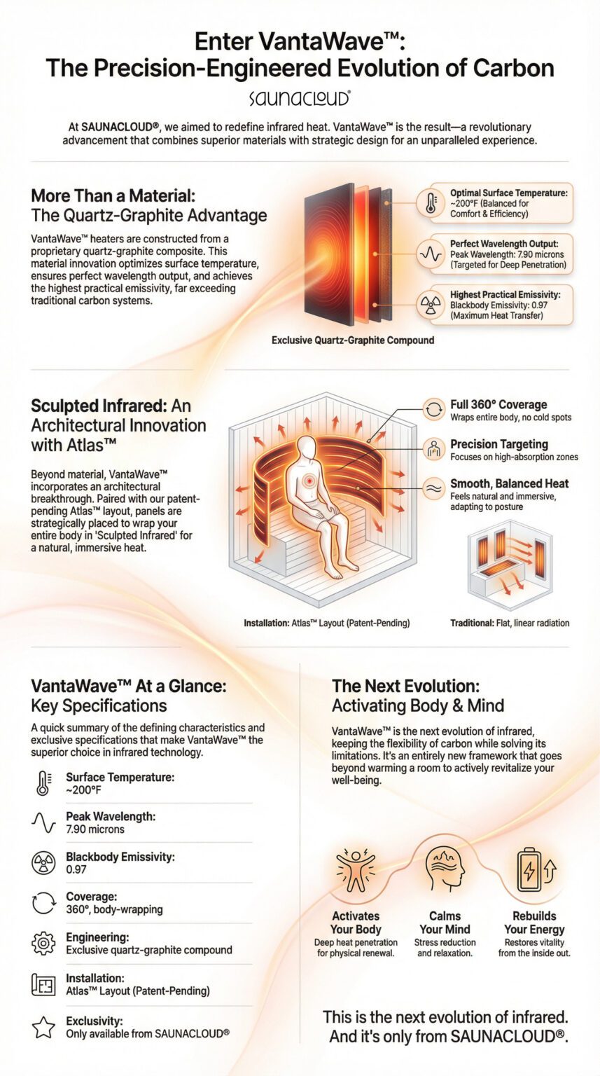 Infographic detailing the features and benefits of VantaWave™ infrared sauna heaters by SAUNACLOUD. The heater uses a proprietary Quartz-Graphite Composite for superior material performance, achieving an Optimal Surface Temperature of $\approx200^\circ\text{F}$ and a Perfect Wavelength Output of $7.90$ microns (ideal for deep relaxation/sleep). It highlights a Blackbody Emissivity of $0.97$ for maximum heat transfer. The infographic illustrates the "Sculpted Infrared" architectural innovation using the Atlas™ Layout (Patent-Pending), which provides Full $360^\circ$ Coverage and Precision Targeting to wrap the entire body in heat, contrasting it with traditional flat, linear radiation. Benefits are listed as Activates Your Body, Calms Your Mind, and Rebuilds Your Energy.