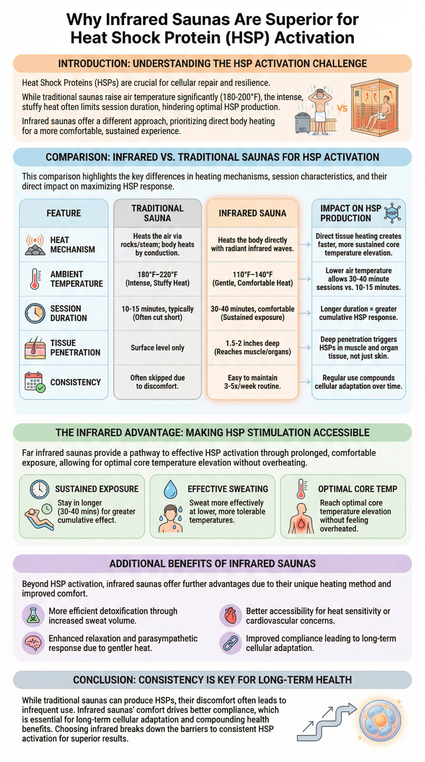 Infographic explaining What Are Heat Shock Proteins (HSPs)?. The diagram details that HSPs are specialized molecular chaperones that bind to and refold damaged proteins caused by stress, heat, or illness, leading to restored cellular function and improved resilience.