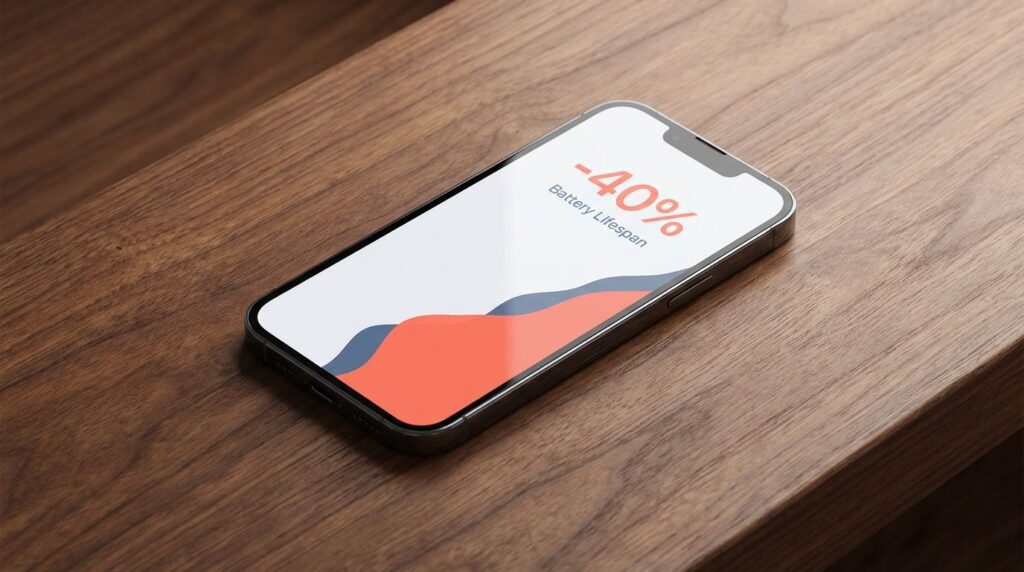 Smartphone screen displaying a warning graphic about battery lifespan reduction of 40%.