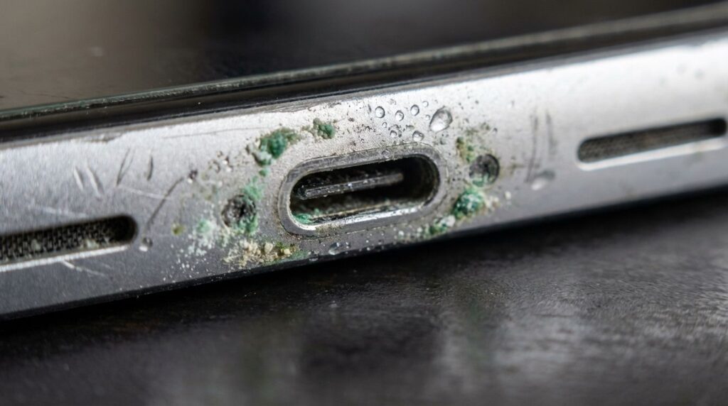 Macro shot of moisture and corrosion building up inside a smartphone charging port.