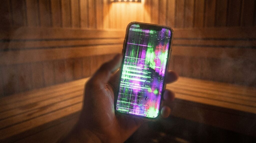 Smartphone display showing pixel errors and color bleeding due to heat damage.