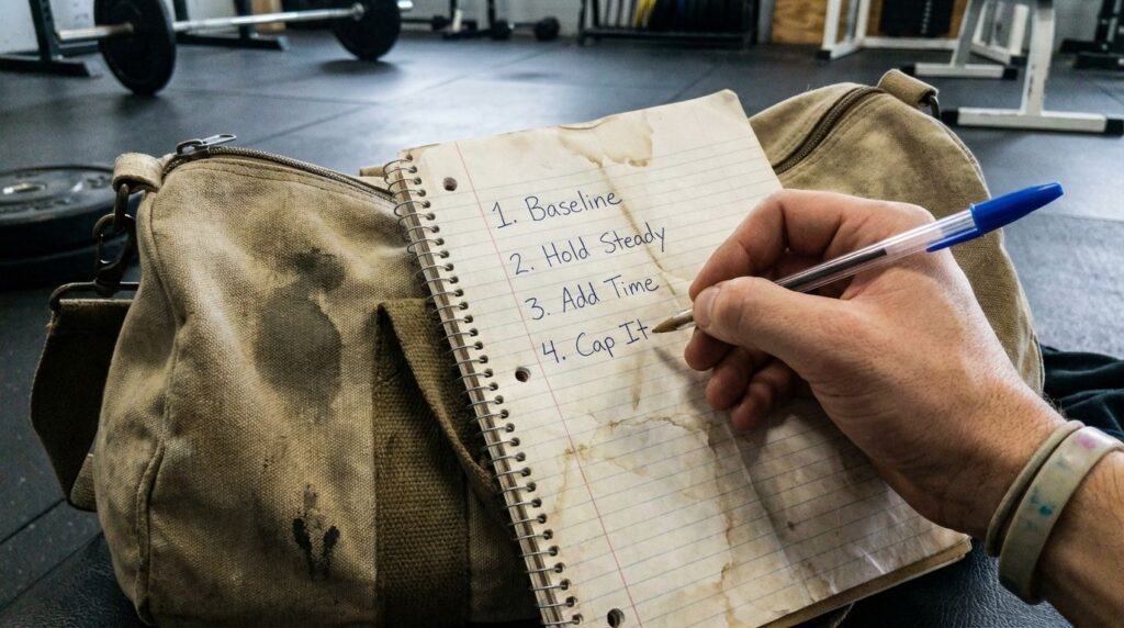 Handwritten checklist in a notebook showing steps to increase sauna duration.