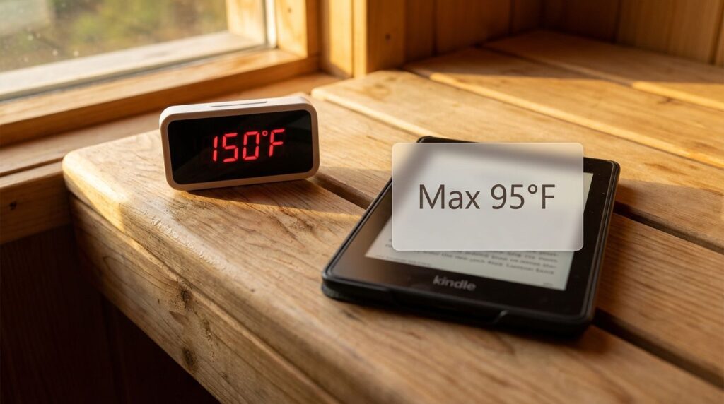 Conceptual comparison showing Kindle's max operating temp versus sauna heat.